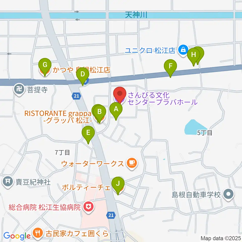 さんびる文化センタープラバホール周辺のファミレス・ファーストフード一覧地図