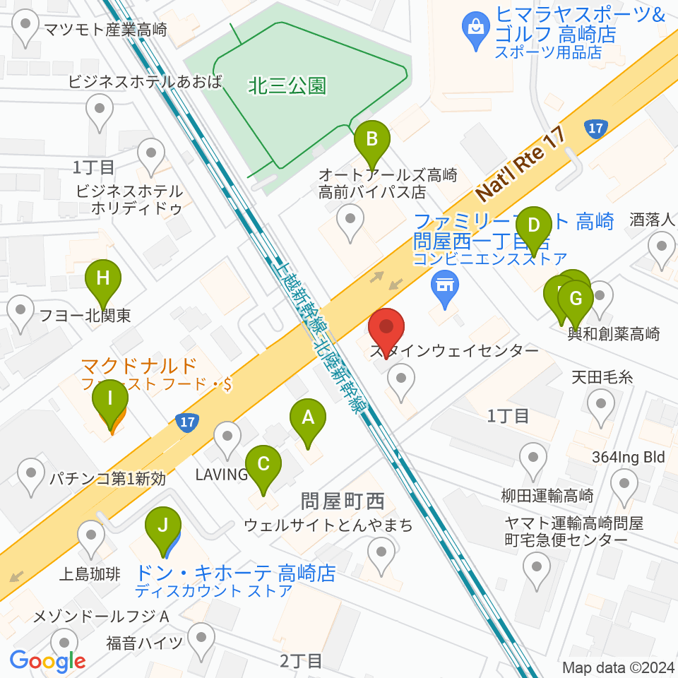 高崎シューベルトサロン周辺のファミレス・ファーストフード一覧地図