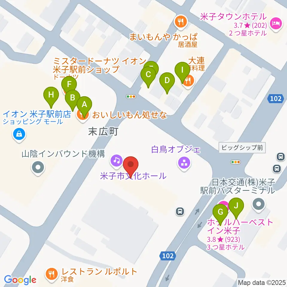 米子市文化ホール周辺のファミレス・ファーストフード一覧地図