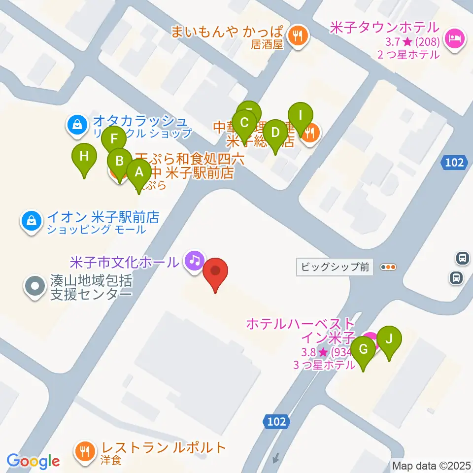 米子市文化ホール周辺のファミレス・ファーストフード一覧地図