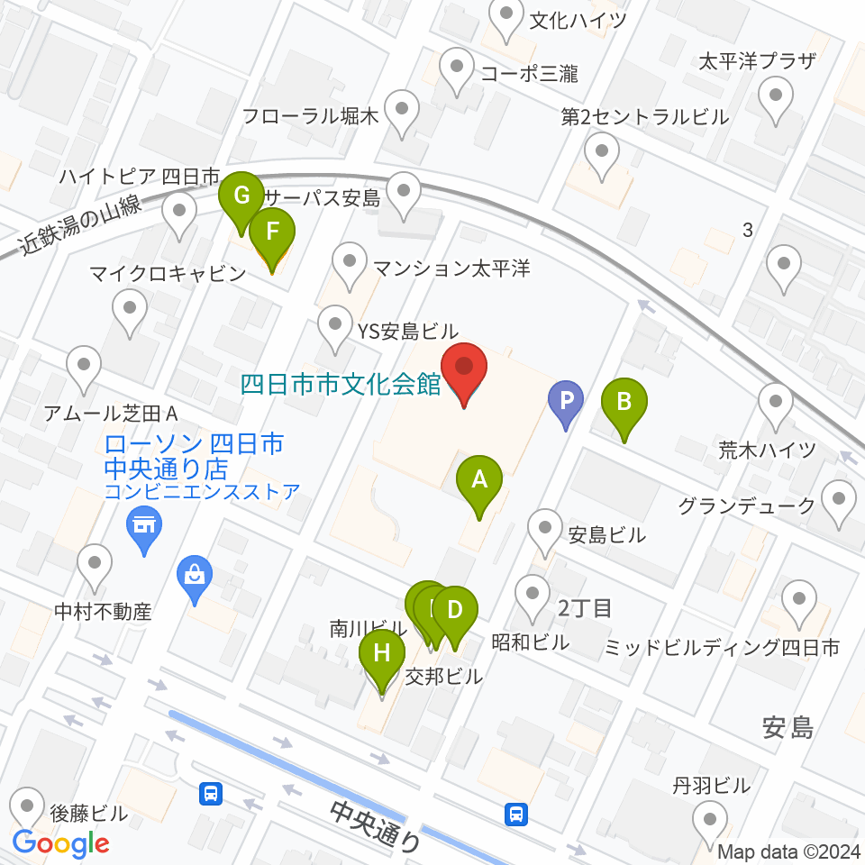 四日市市文化会館周辺のファミレス・ファーストフード一覧地図