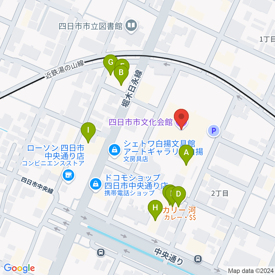 四日市市文化会館周辺のファミレス・ファーストフード一覧地図