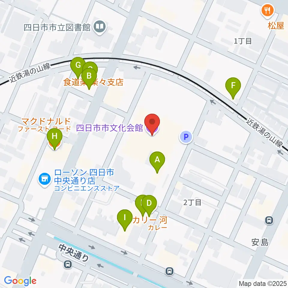 四日市市文化会館周辺のファミレス・ファーストフード一覧地図