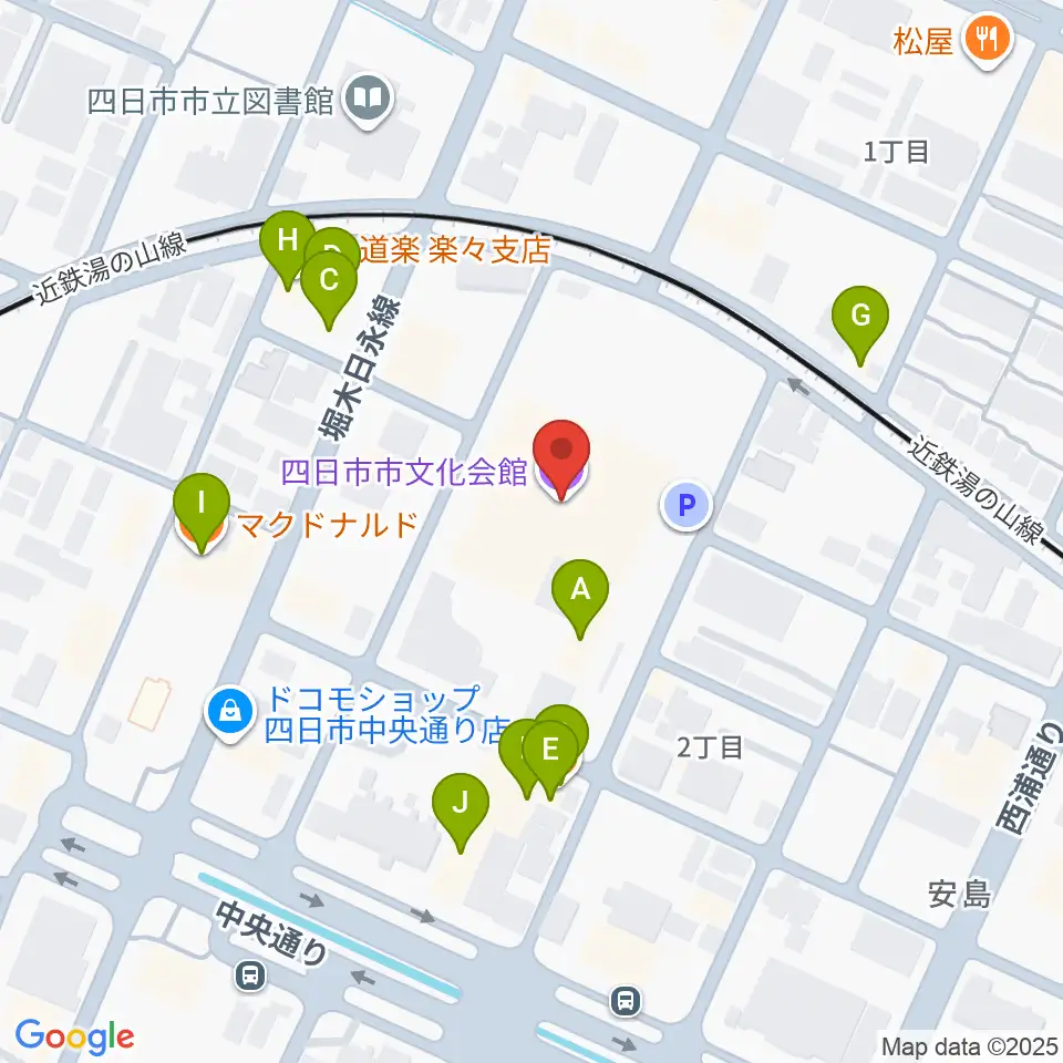 四日市市文化会館周辺のファミレス・ファーストフード一覧地図