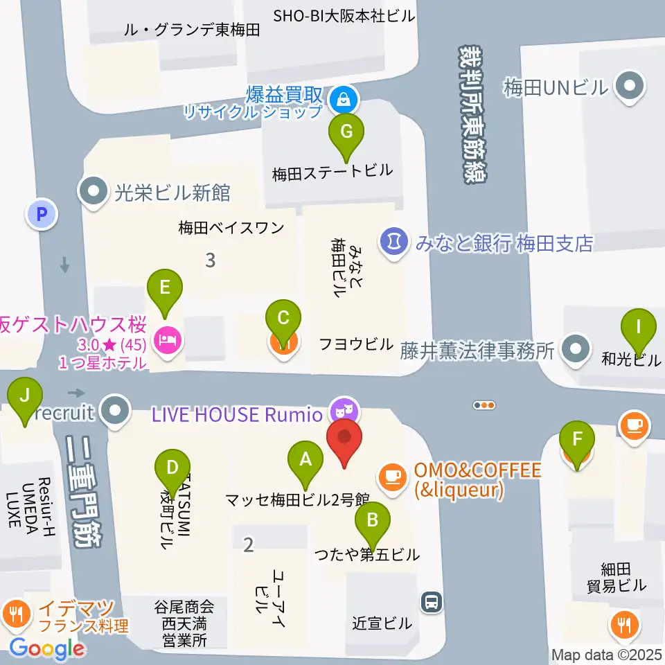 大阪Rumio周辺のファミレス・ファーストフード一覧地図