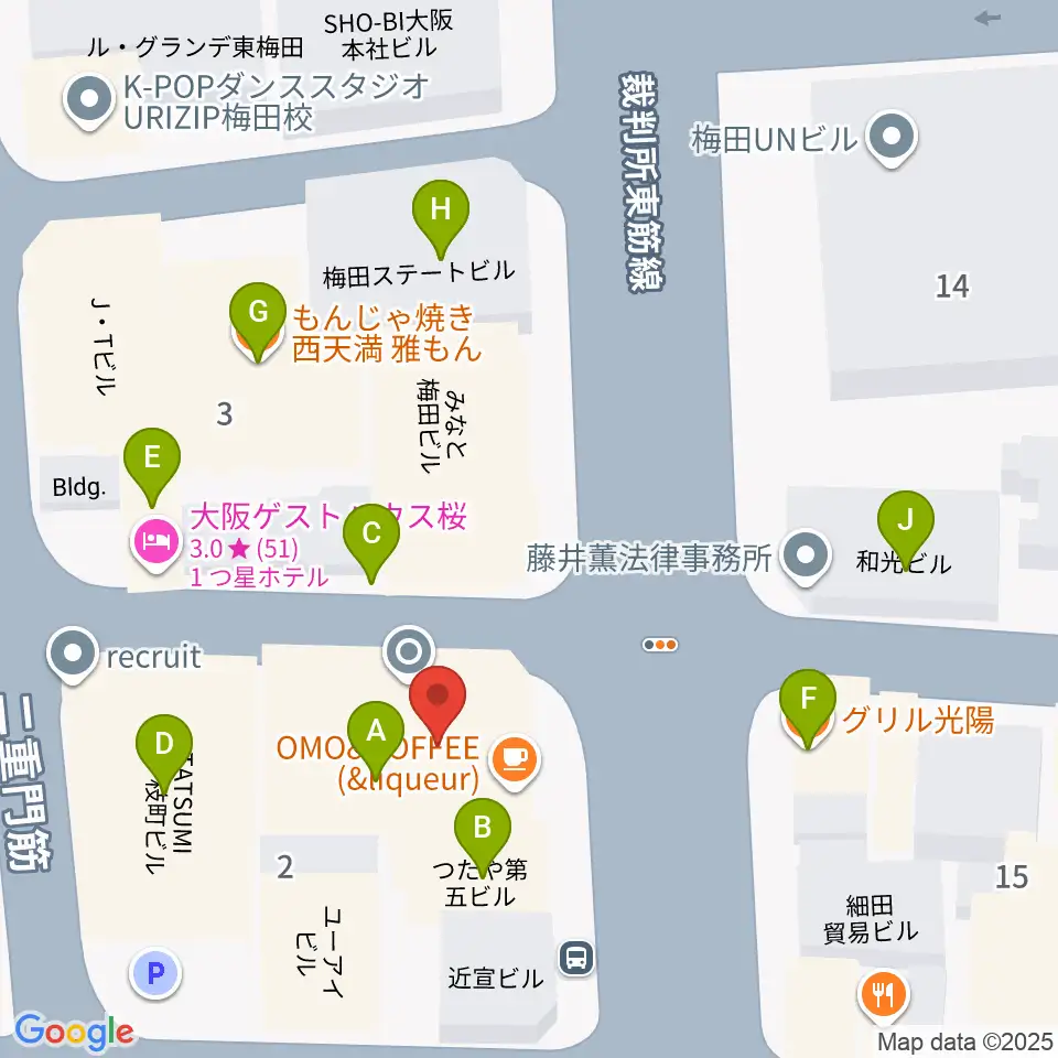 大阪Rumio周辺のファミレス・ファーストフード一覧地図