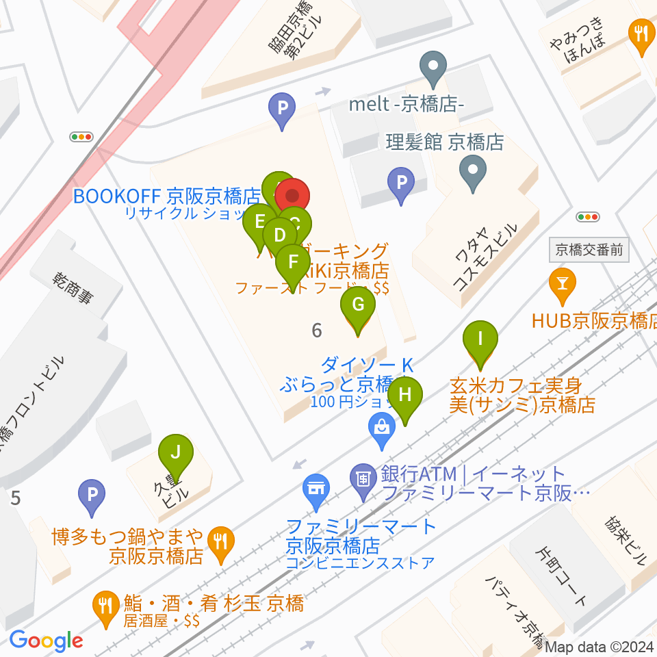 羅い舞座 京橋劇場周辺のファミレス・ファーストフード一覧地図