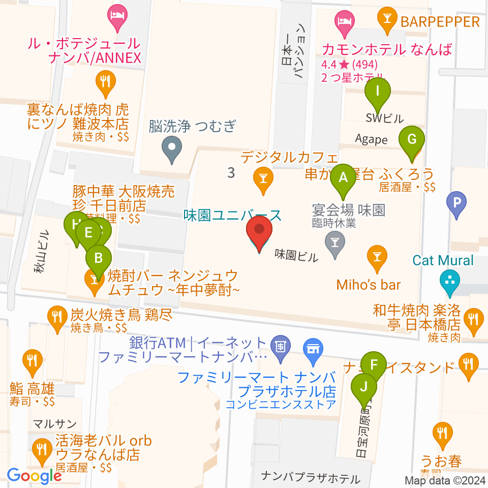 味園ユニバース周辺のファミレス・ファーストフード一覧地図