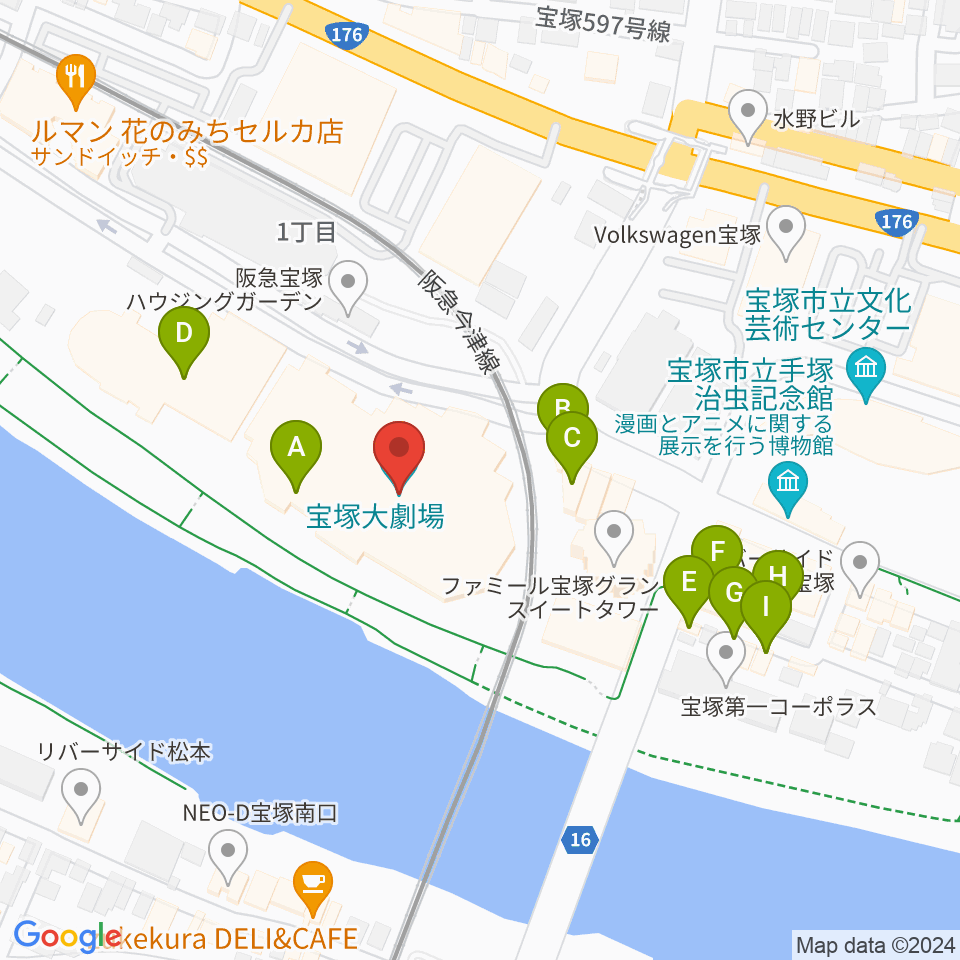 宝塚大劇場・宝塚バウホール周辺のファミレス・ファーストフード一覧地図
