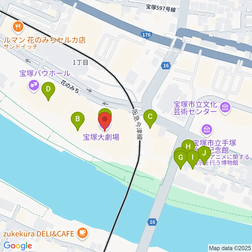宝塚大劇場・宝塚バウホール周辺のファミレス・ファーストフード一覧地図