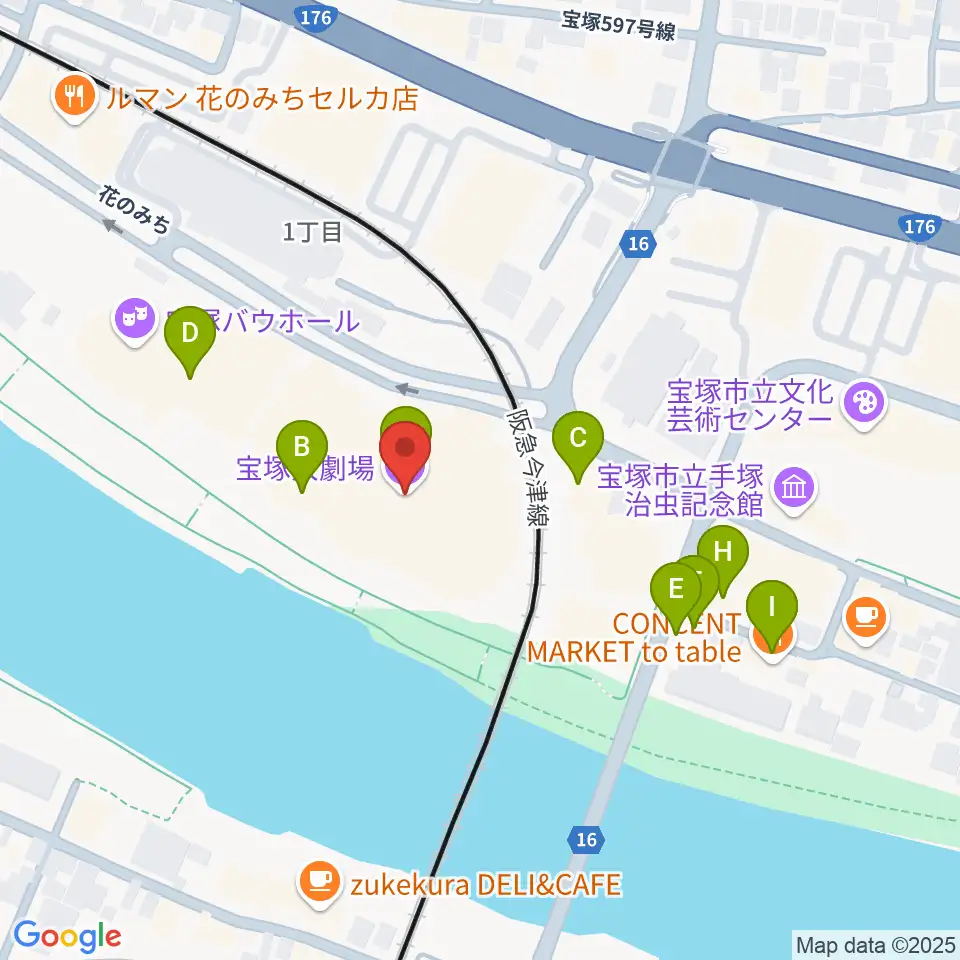 宝塚大劇場・宝塚バウホール周辺のファミレス・ファーストフード一覧地図