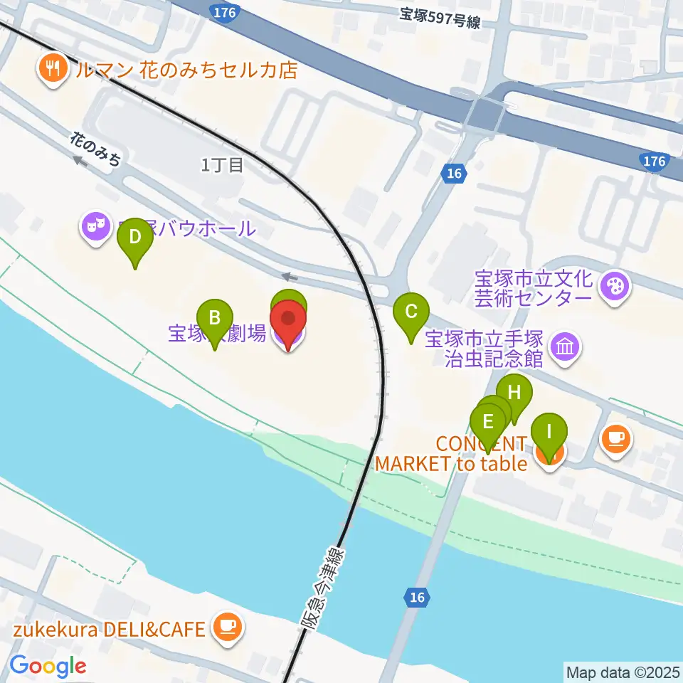 宝塚大劇場・宝塚バウホール周辺のファミレス・ファーストフード一覧地図