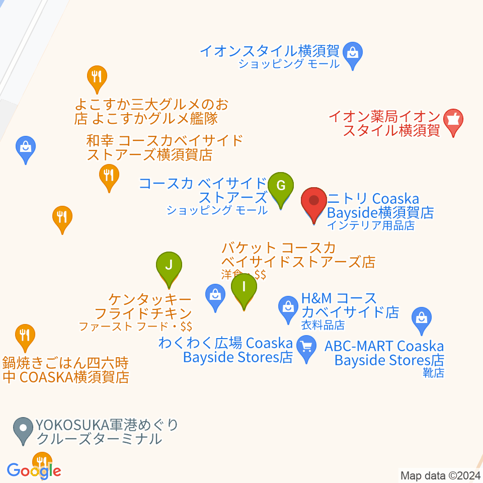 島村楽器 Coaska Bayside Stores横須賀店周辺のファミレス・ファーストフード一覧地図
