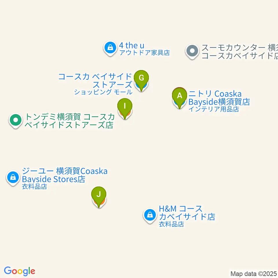 島村楽器 Coaska Bayside Stores横須賀店周辺のファミレス・ファーストフード一覧地図