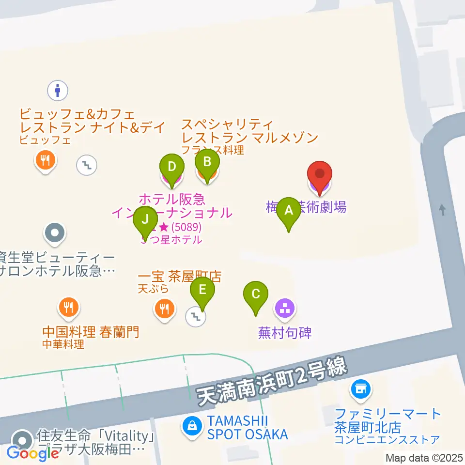 梅田芸術劇場周辺のファミレス・ファーストフード一覧地図
