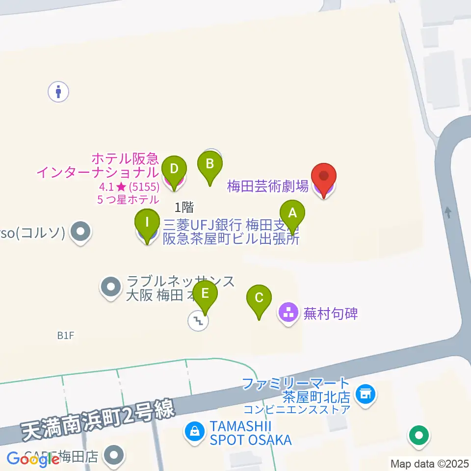 梅田芸術劇場周辺のファミレス・ファーストフード一覧地図