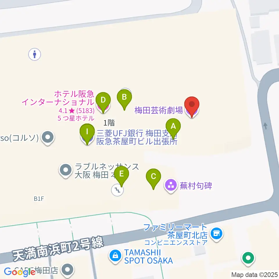 梅田芸術劇場周辺のファミレス・ファーストフード一覧地図