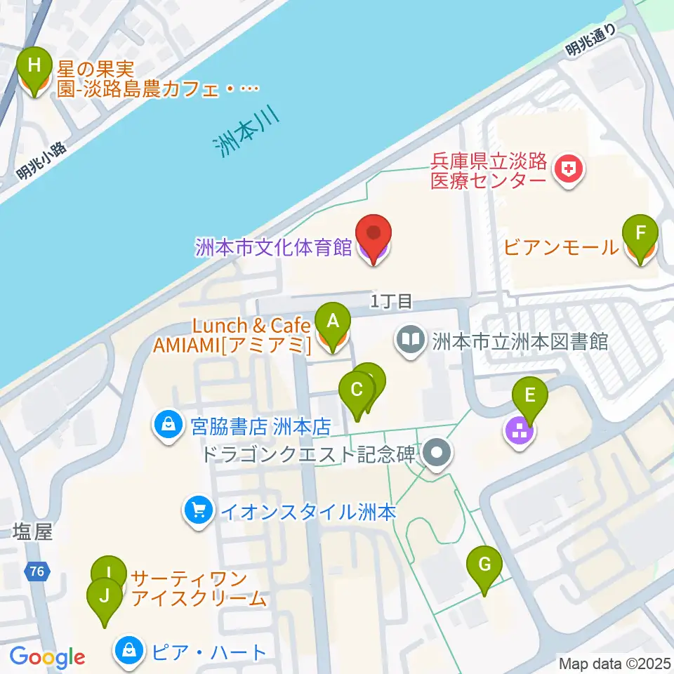 洲本市文化体育館周辺のファミレス・ファーストフード一覧地図