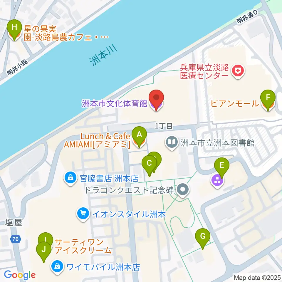 洲本市文化体育館周辺のファミレス・ファーストフード一覧地図