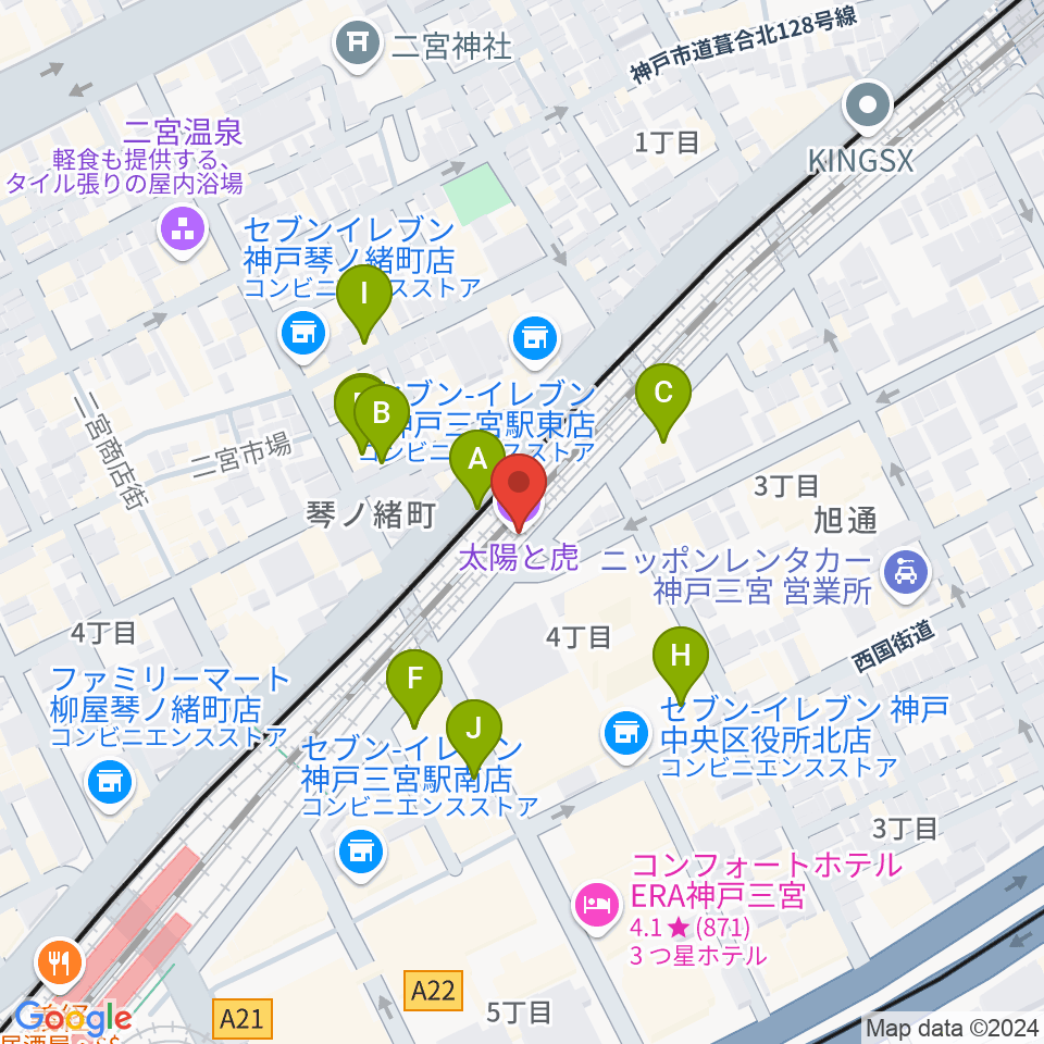 太陽と虎周辺のファミレス・ファーストフード一覧地図