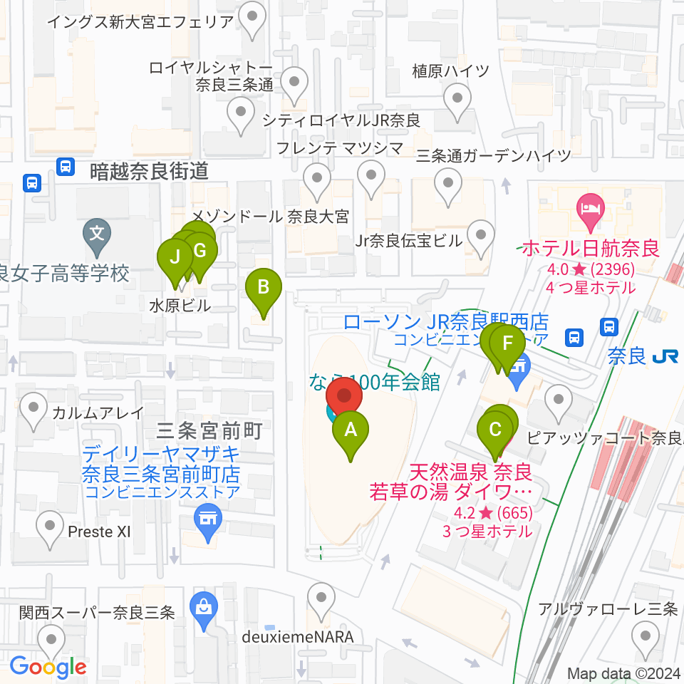 なら100年会館周辺のファミレス・ファーストフード一覧地図