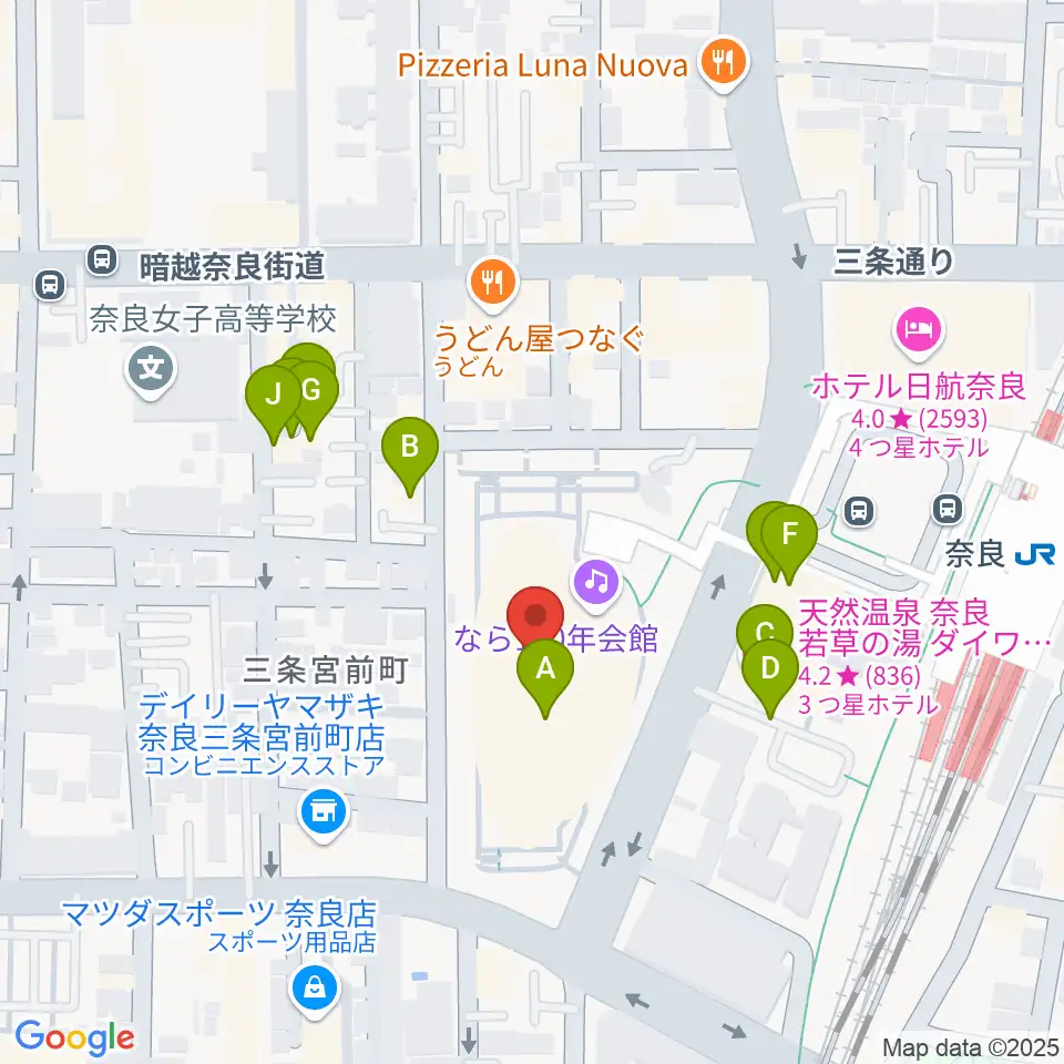 なら100年会館周辺のファミレス・ファーストフード一覧地図