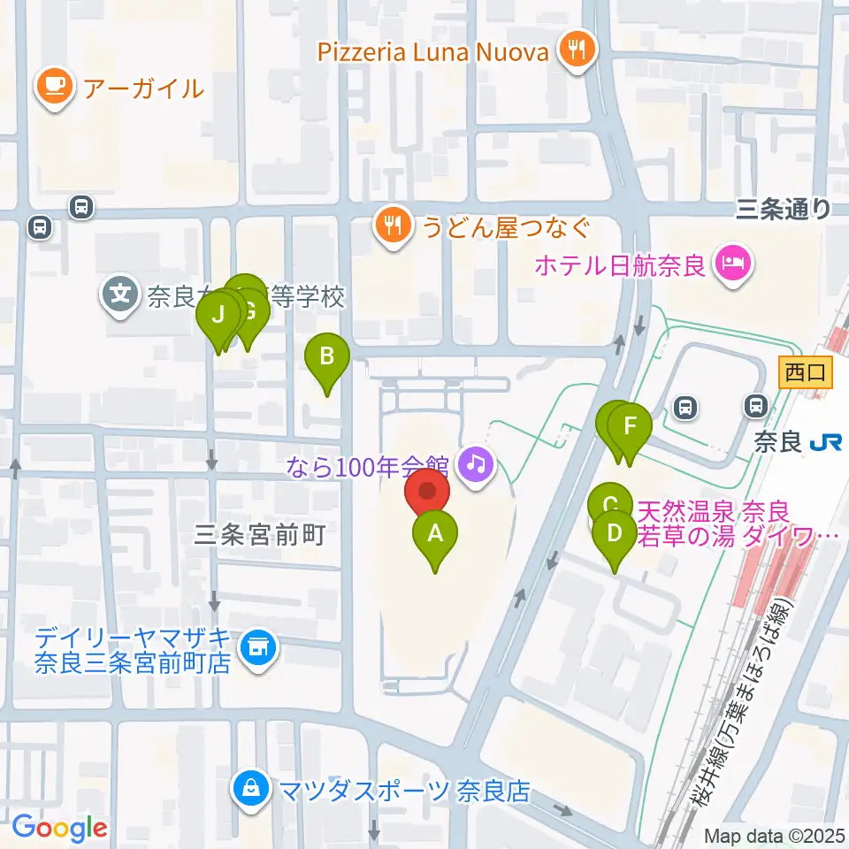 なら100年会館周辺のファミレス・ファーストフード一覧地図