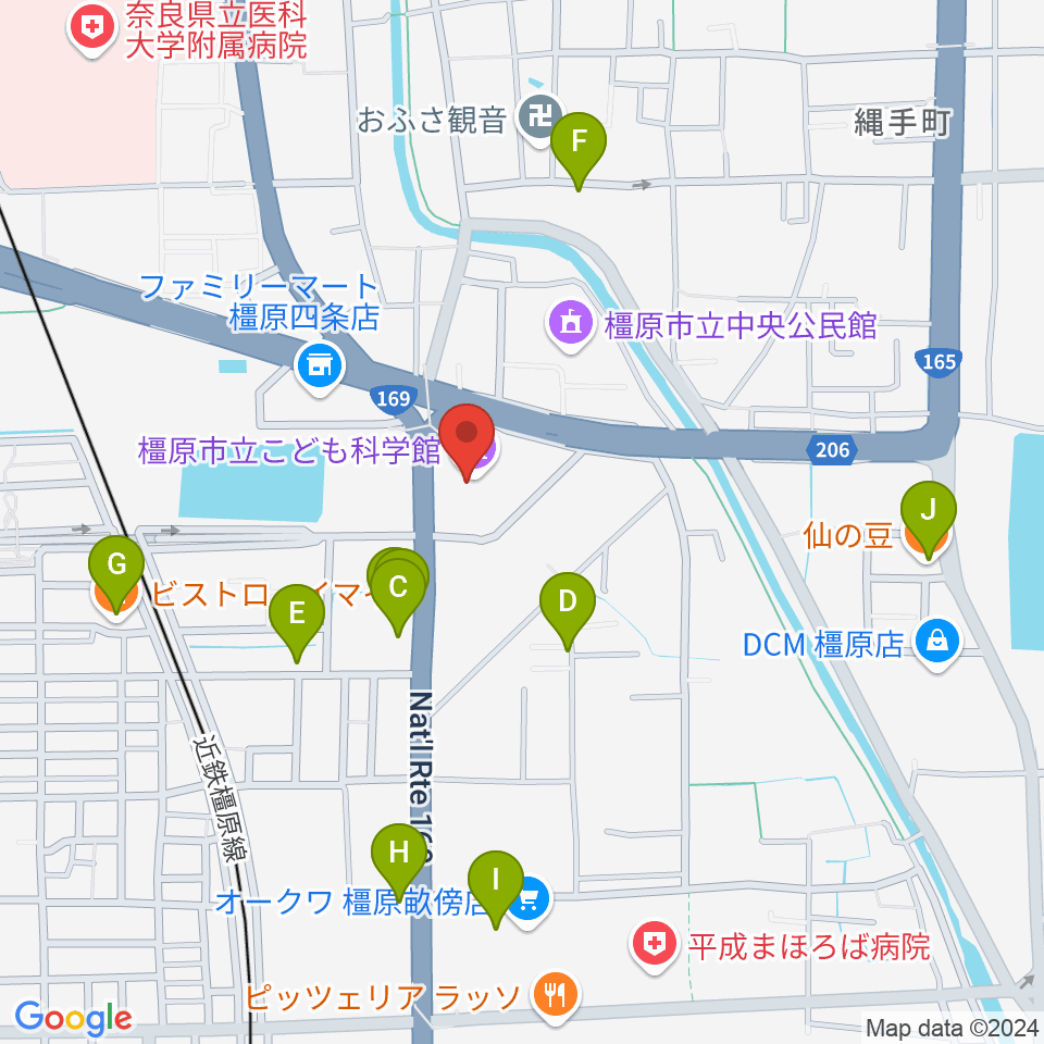 かしはら万葉ホール周辺のファミレス・ファーストフード一覧地図