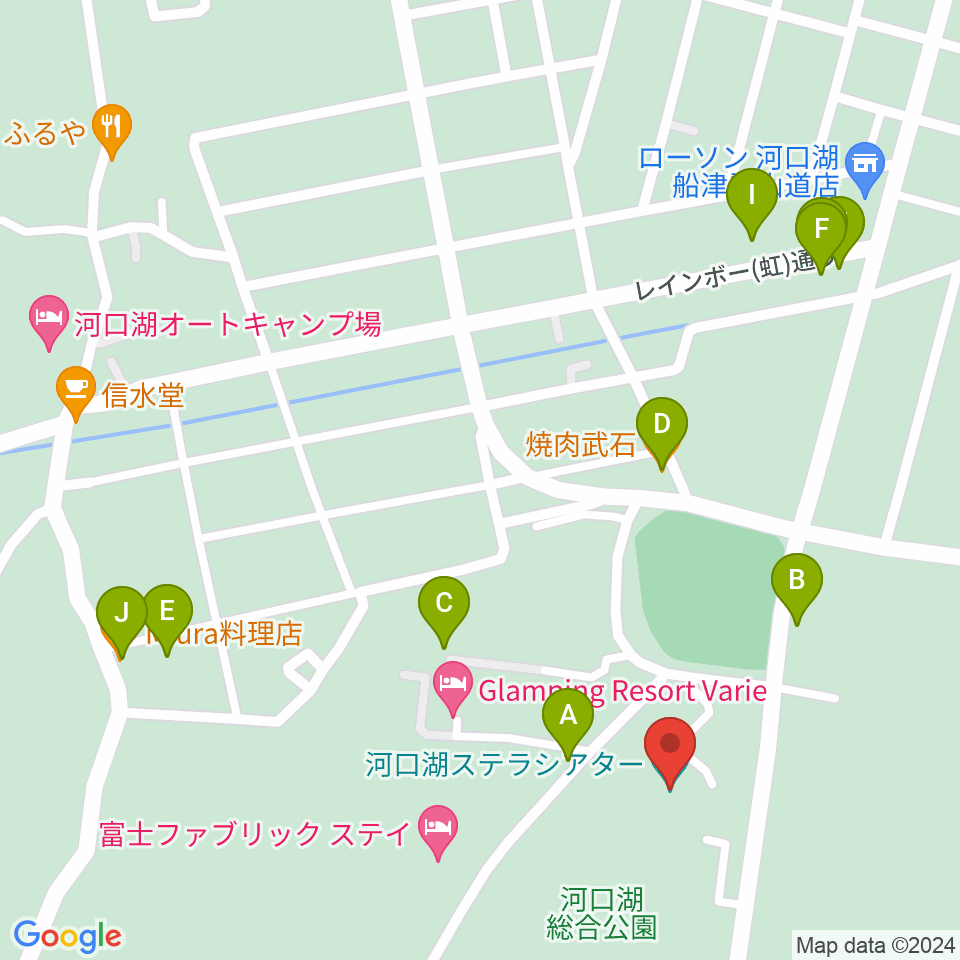 河口湖ステラシアター周辺のファミレス・ファーストフード一覧地図