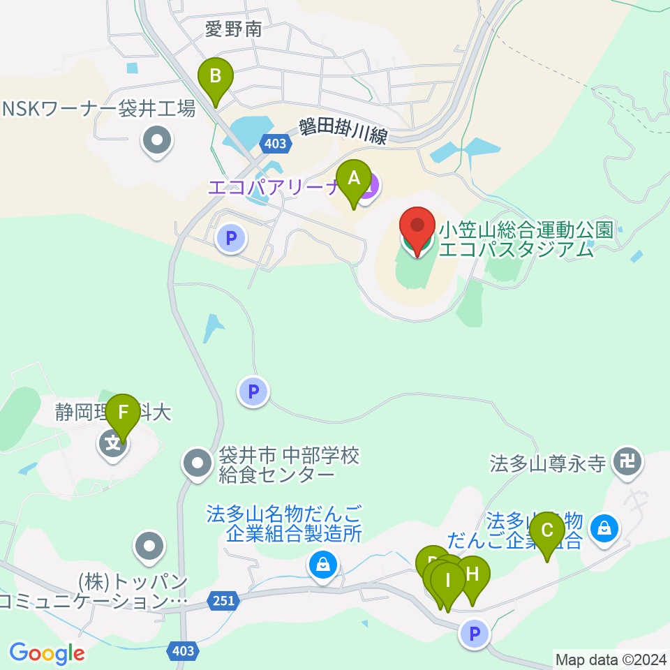 静岡エコパスタジアム周辺のファミレス・ファーストフード一覧地図