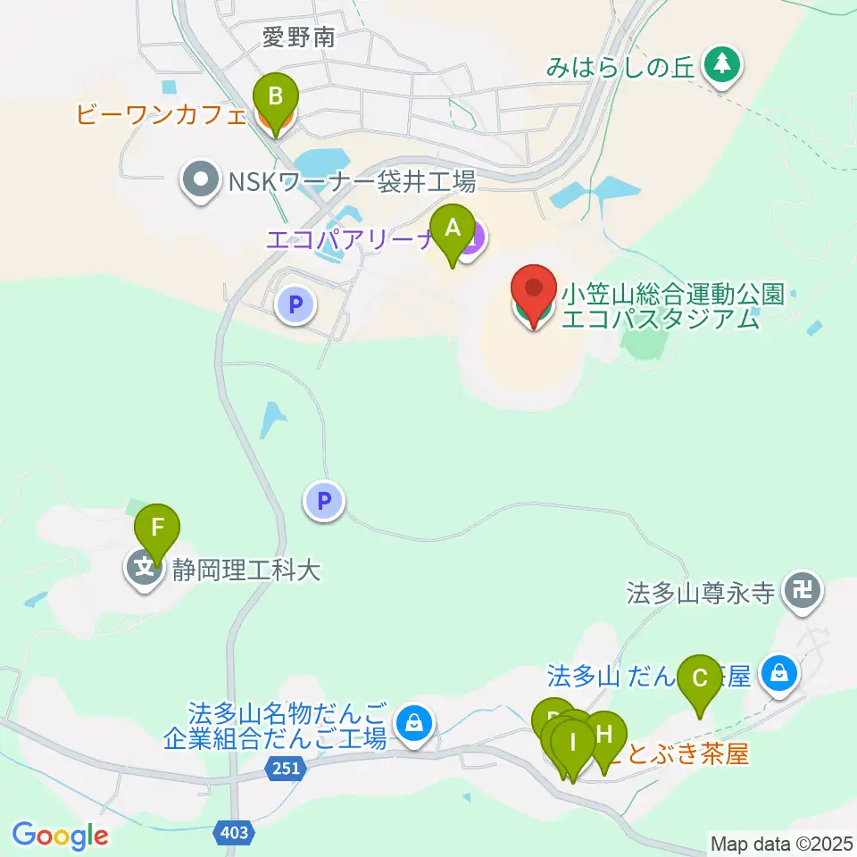 静岡エコパスタジアム周辺のファミレス・ファーストフード一覧地図