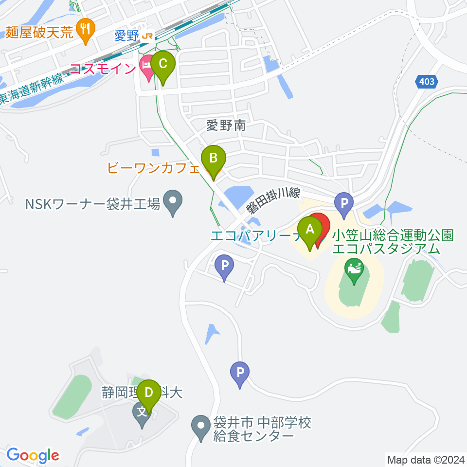 静岡エコパアリーナ周辺のファミレス・ファーストフード一覧地図