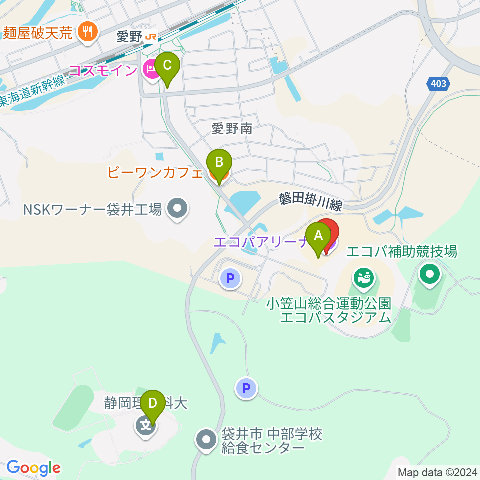 静岡エコパアリーナ周辺のファミレス・ファーストフード一覧地図