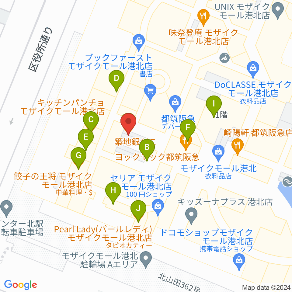 島村楽器 モザイクモール港北店周辺のファミレス・ファーストフード一覧地図