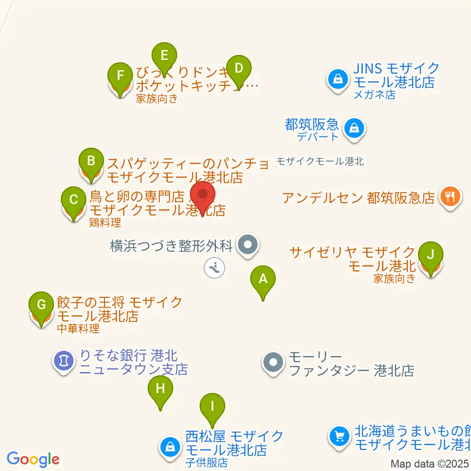 島村楽器 モザイクモール港北店周辺のファミレス・ファーストフード一覧地図
