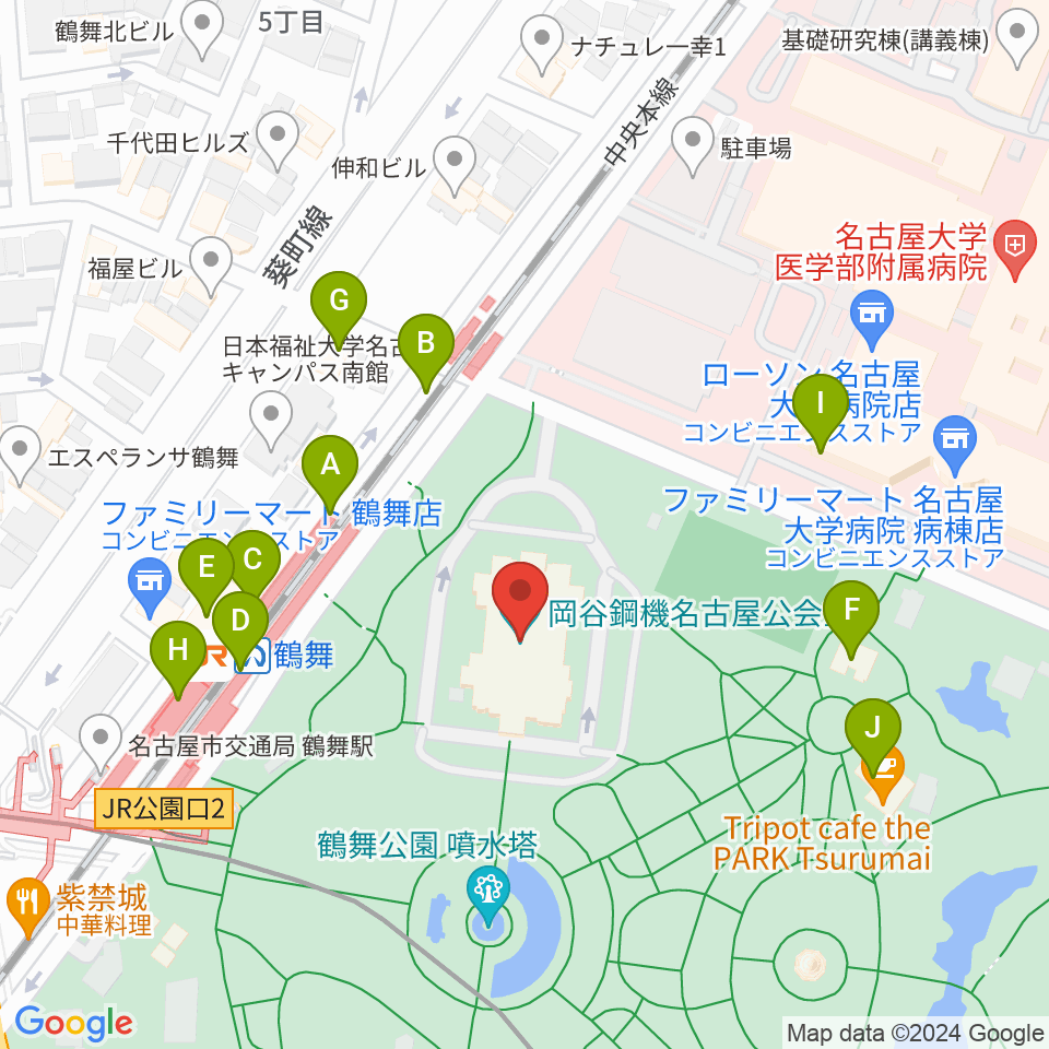 岡谷鋼機名古屋公会堂周辺のファミレス・ファーストフード一覧地図