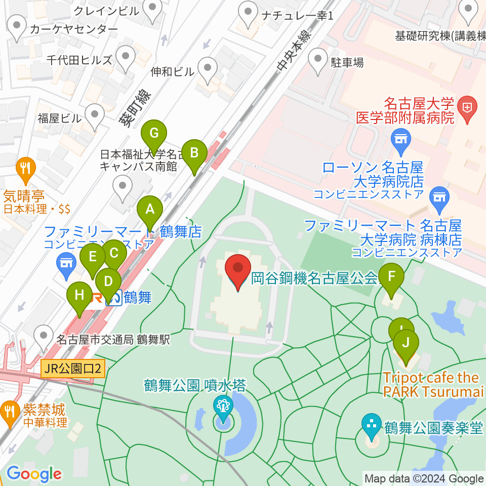 岡谷鋼機名古屋公会堂周辺のファミレス・ファーストフード一覧地図