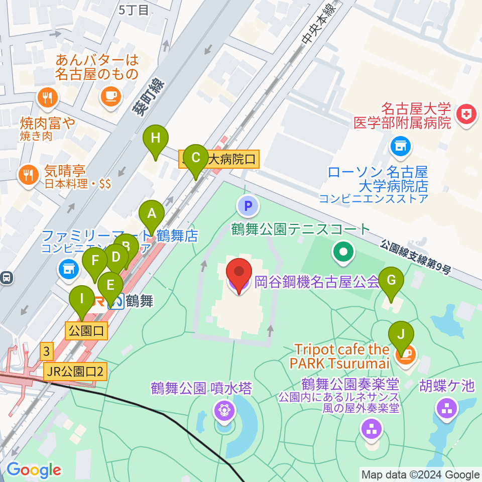 岡谷鋼機名古屋公会堂周辺のファミレス・ファーストフード一覧地図