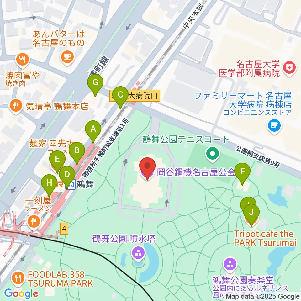 岡谷鋼機名古屋公会堂周辺のファミレス・ファーストフード一覧地図