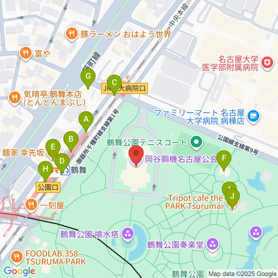 岡谷鋼機名古屋公会堂周辺のファミレス・ファーストフード一覧地図
