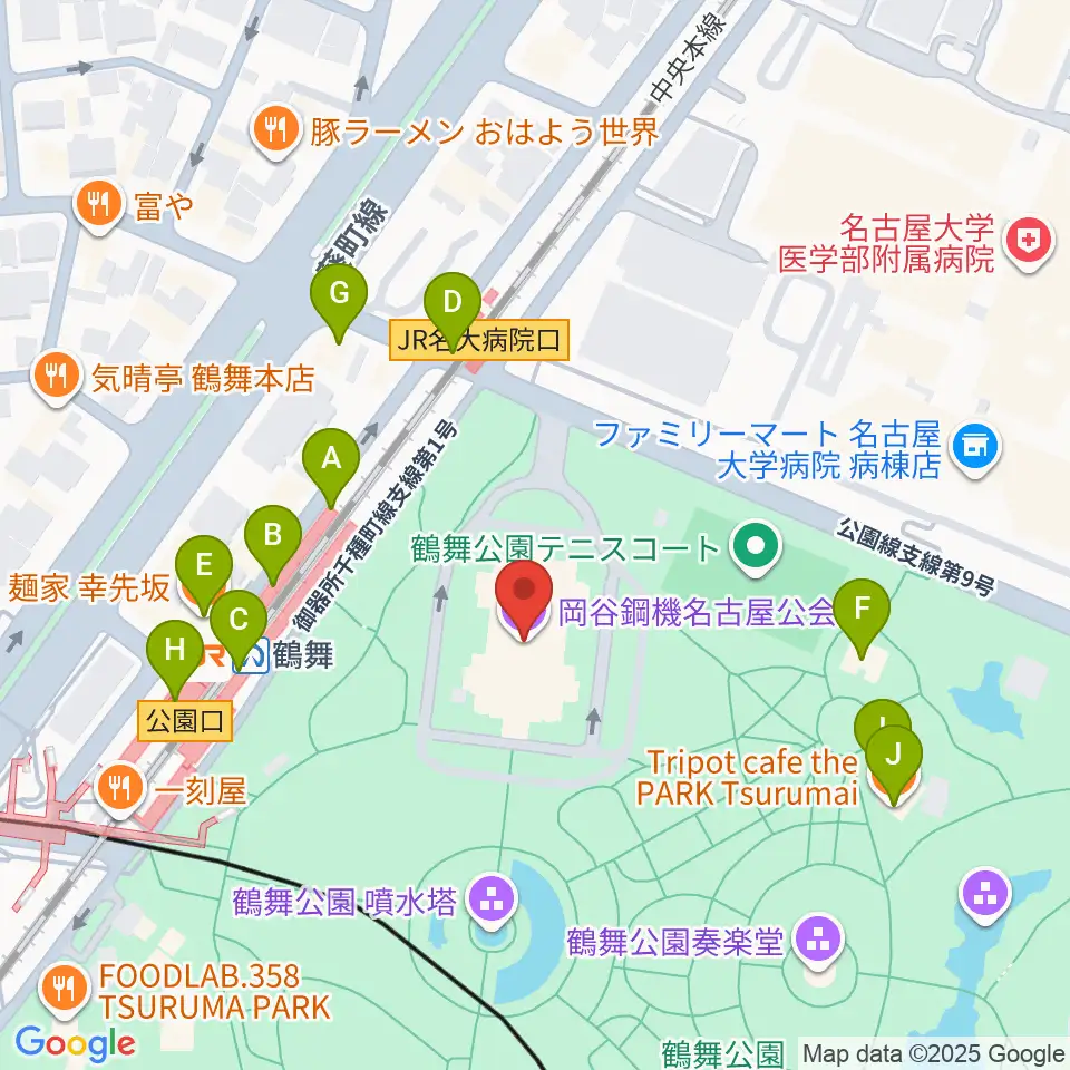 岡谷鋼機名古屋公会堂周辺のファミレス・ファーストフード一覧地図