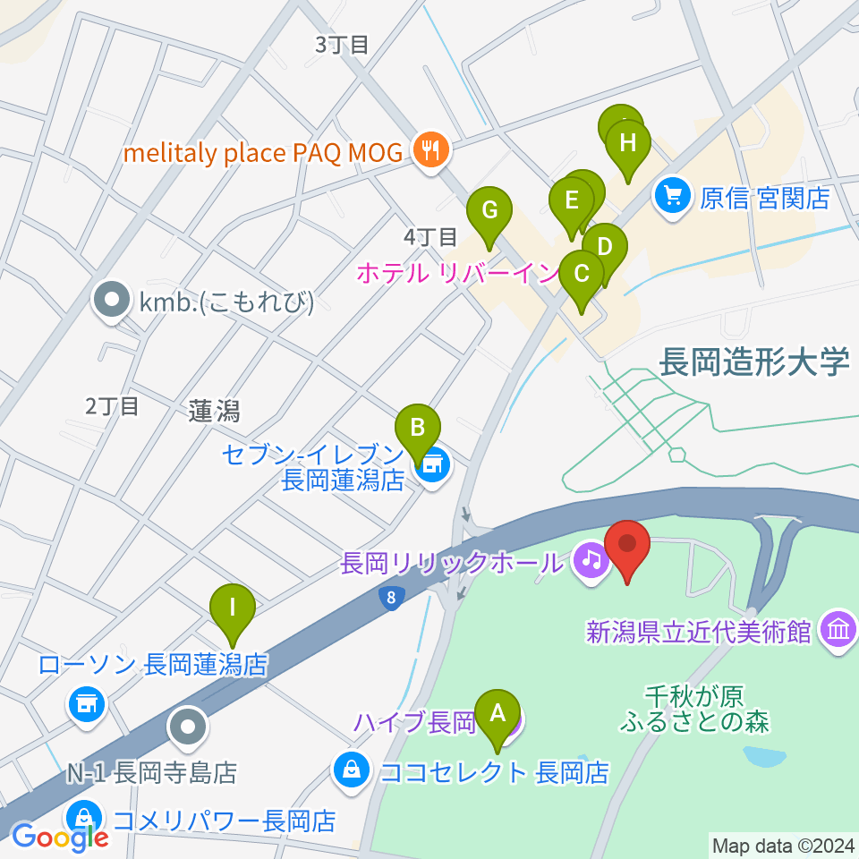 長岡リリックホール周辺のファミレス・ファーストフード一覧地図