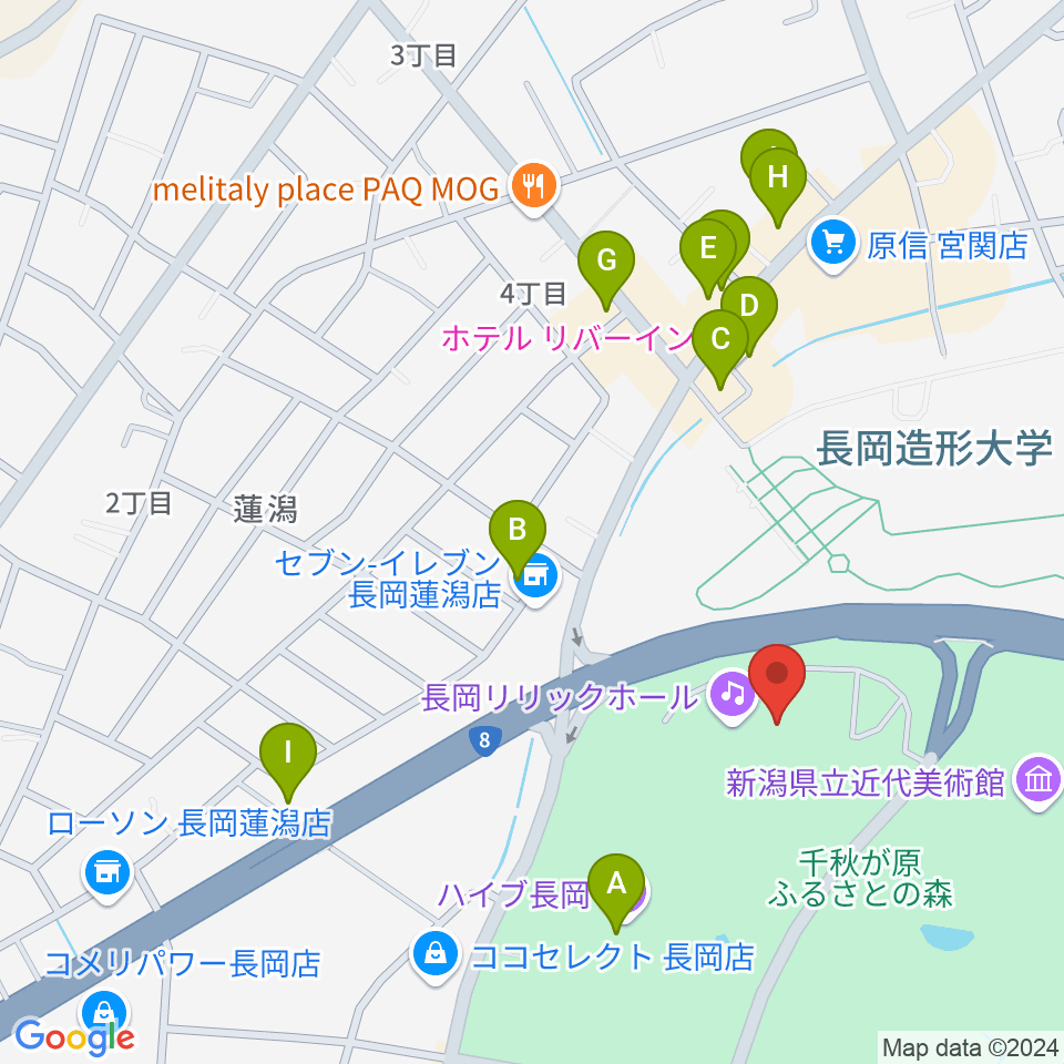 長岡リリックホール周辺のファミレス・ファーストフード一覧地図