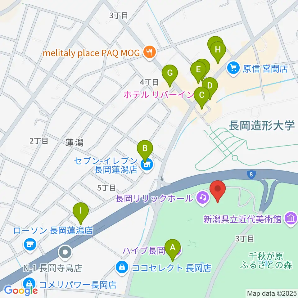 長岡リリックホール周辺のファミレス・ファーストフード一覧地図