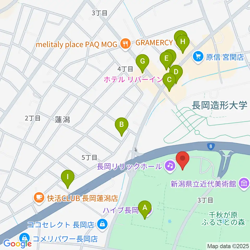 長岡リリックホール周辺のファミレス・ファーストフード一覧地図
