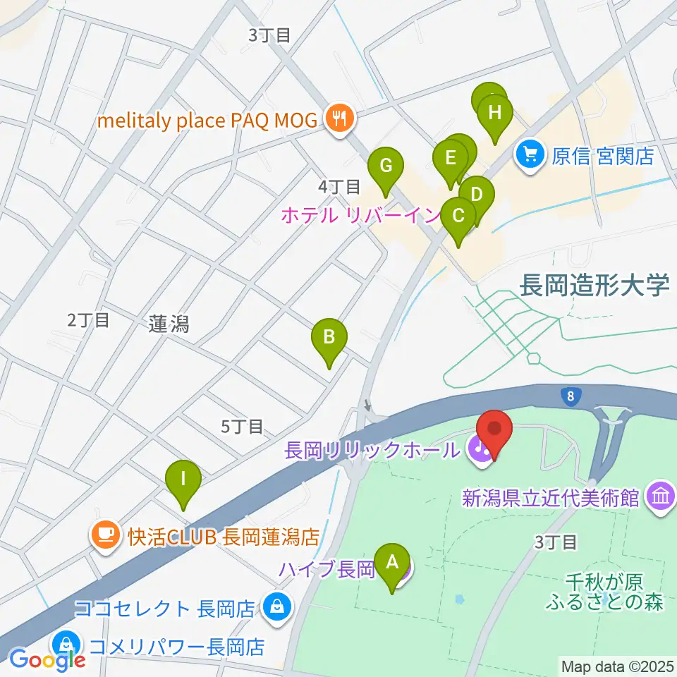 長岡リリックホール周辺のファミレス・ファーストフード一覧地図