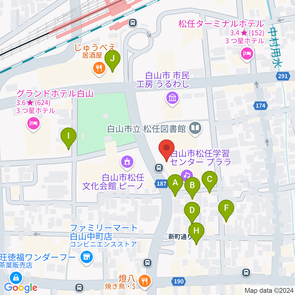 白山市松任学習センタープララ周辺のファミレス・ファーストフード一覧地図