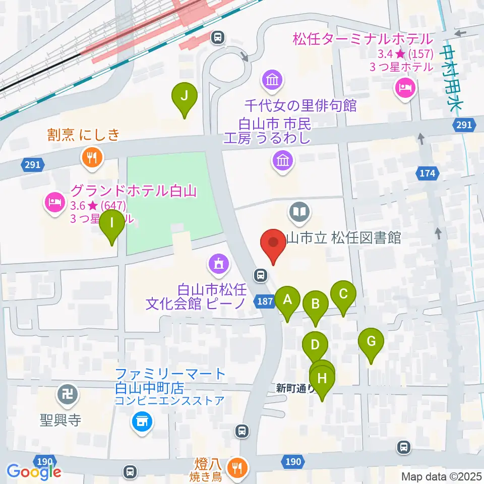 白山市松任学習センタープララ周辺のファミレス・ファーストフード一覧地図
