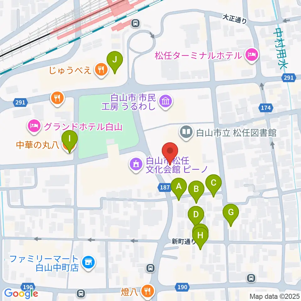 白山市松任学習センタープララ周辺のファミレス・ファーストフード一覧地図