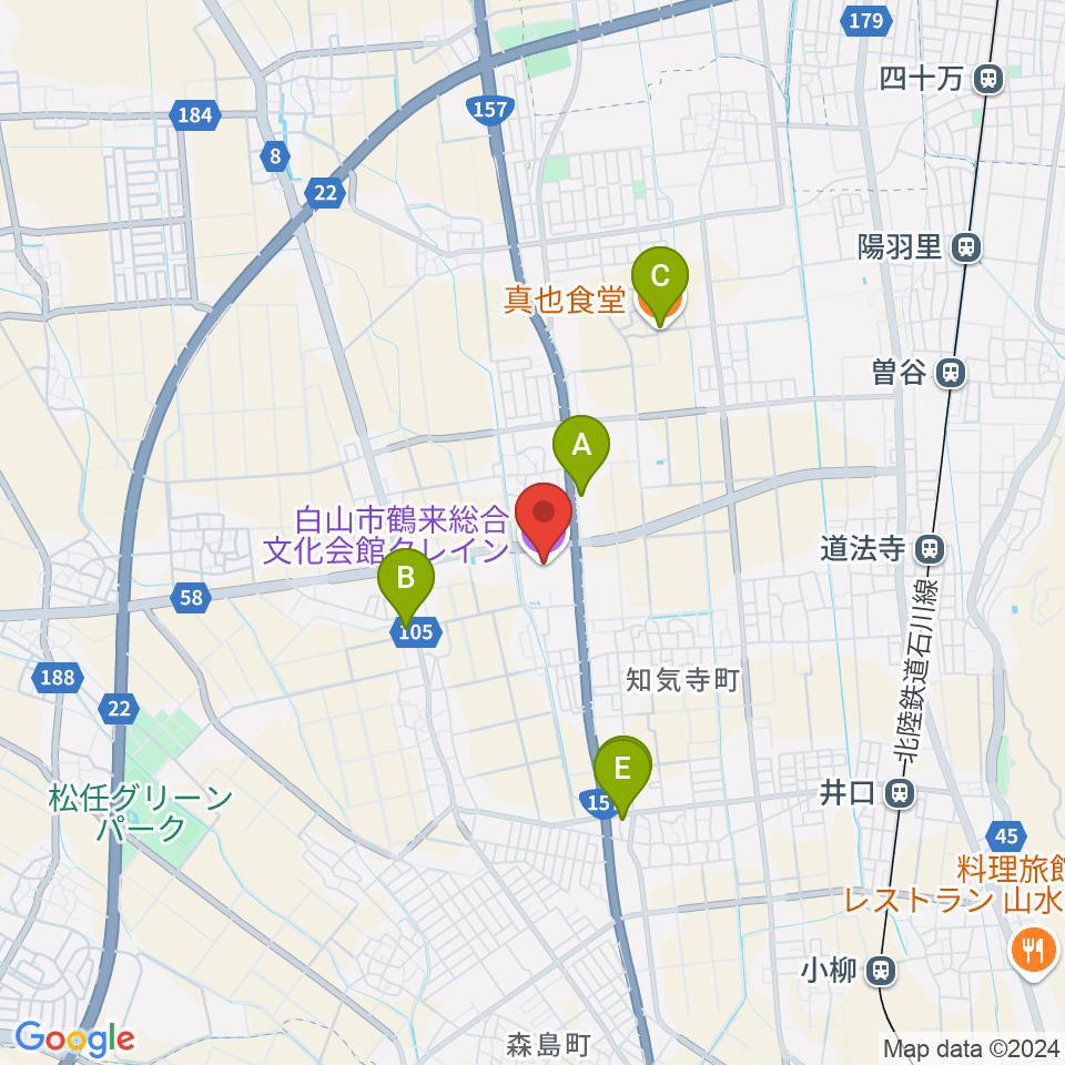 白山市鶴来総合文化会館クレイン周辺のファミレス・ファーストフード一覧地図